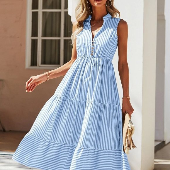 Blue Boho Womens Striped Print Notched Neck A-line Dress - Picture 4 of 5